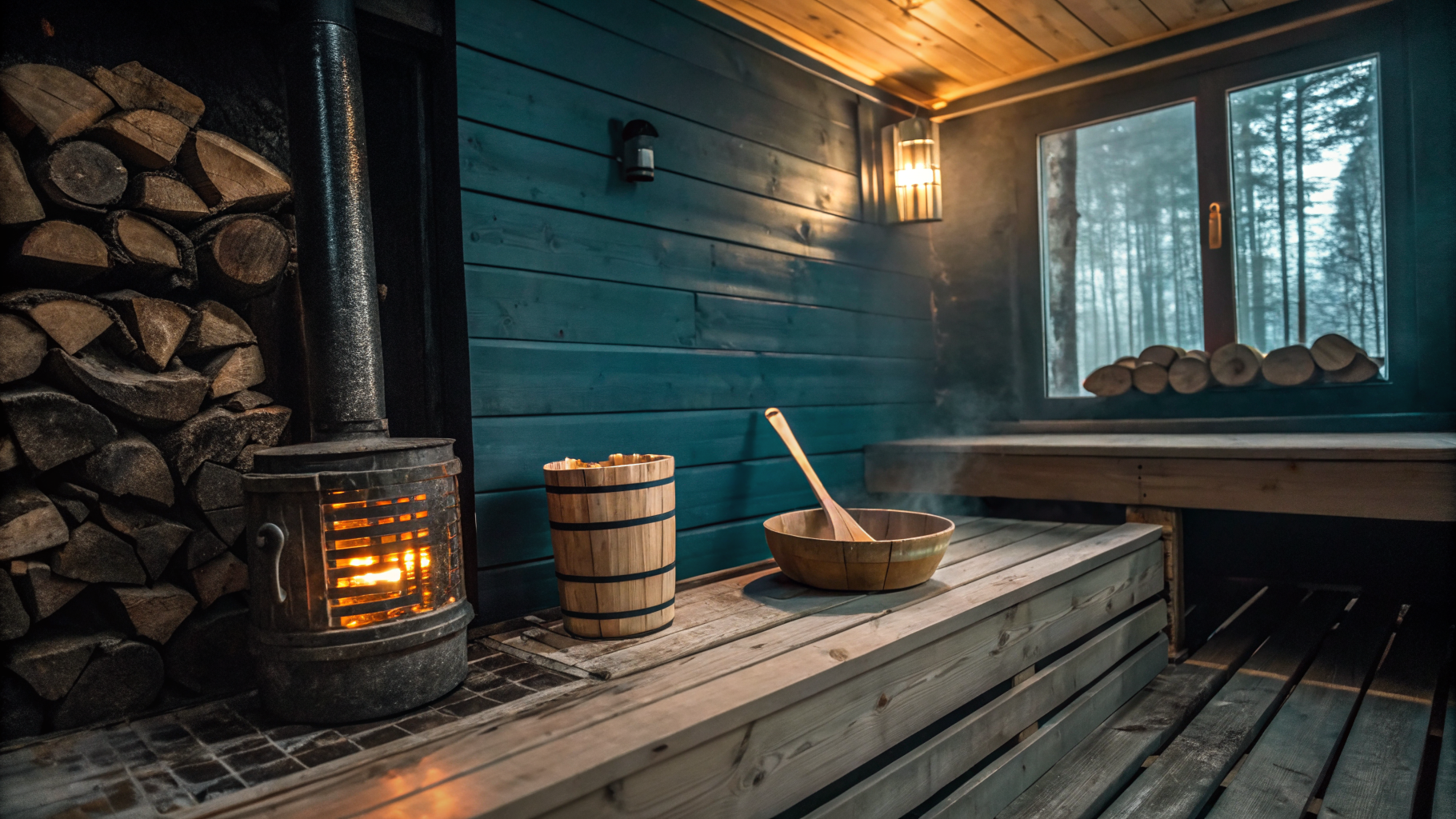 A dimly lit wood-fired sauna interior with rising steam