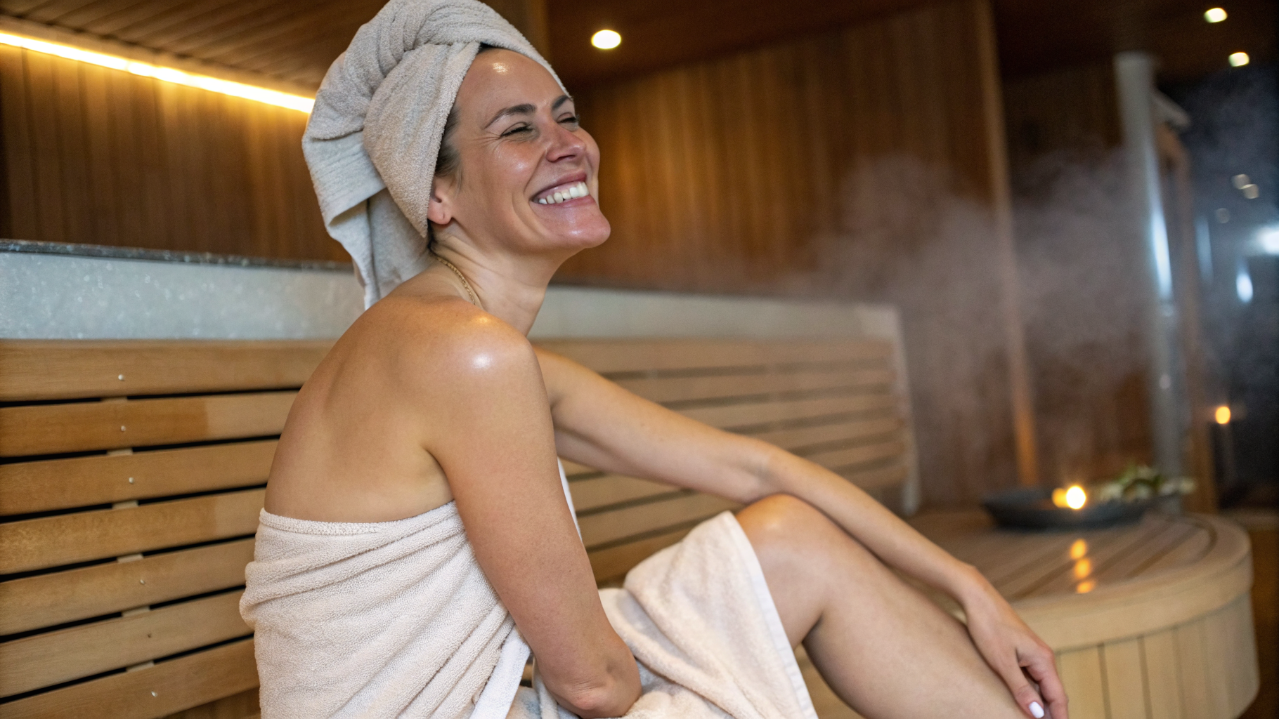 A person smiling, flushed and relaxed after a sauna session
